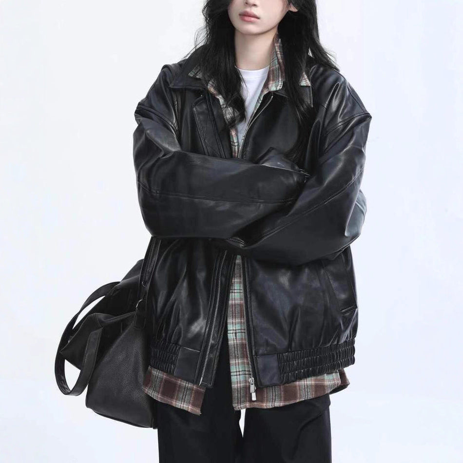 Women American Retro Black PU Leather Motorcycle Jacket Style