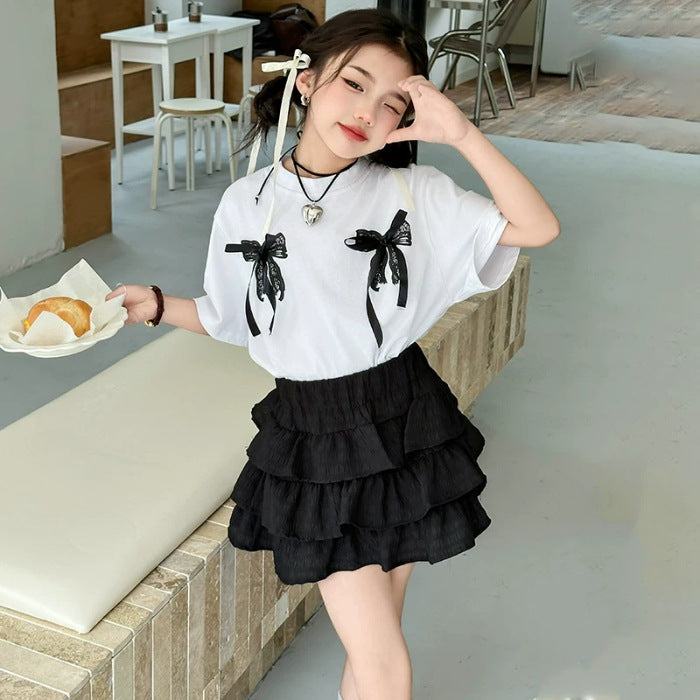 Girls Lace Cake Skirt Korean Two-Piece Set – Elegant Kids Outfit Nepal | Tudoholic