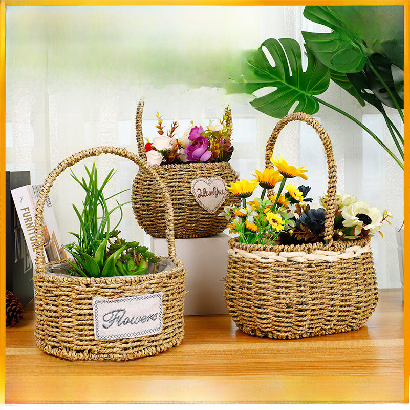 Handmade Woven Straw Flower Basket | Hanging & Table Use