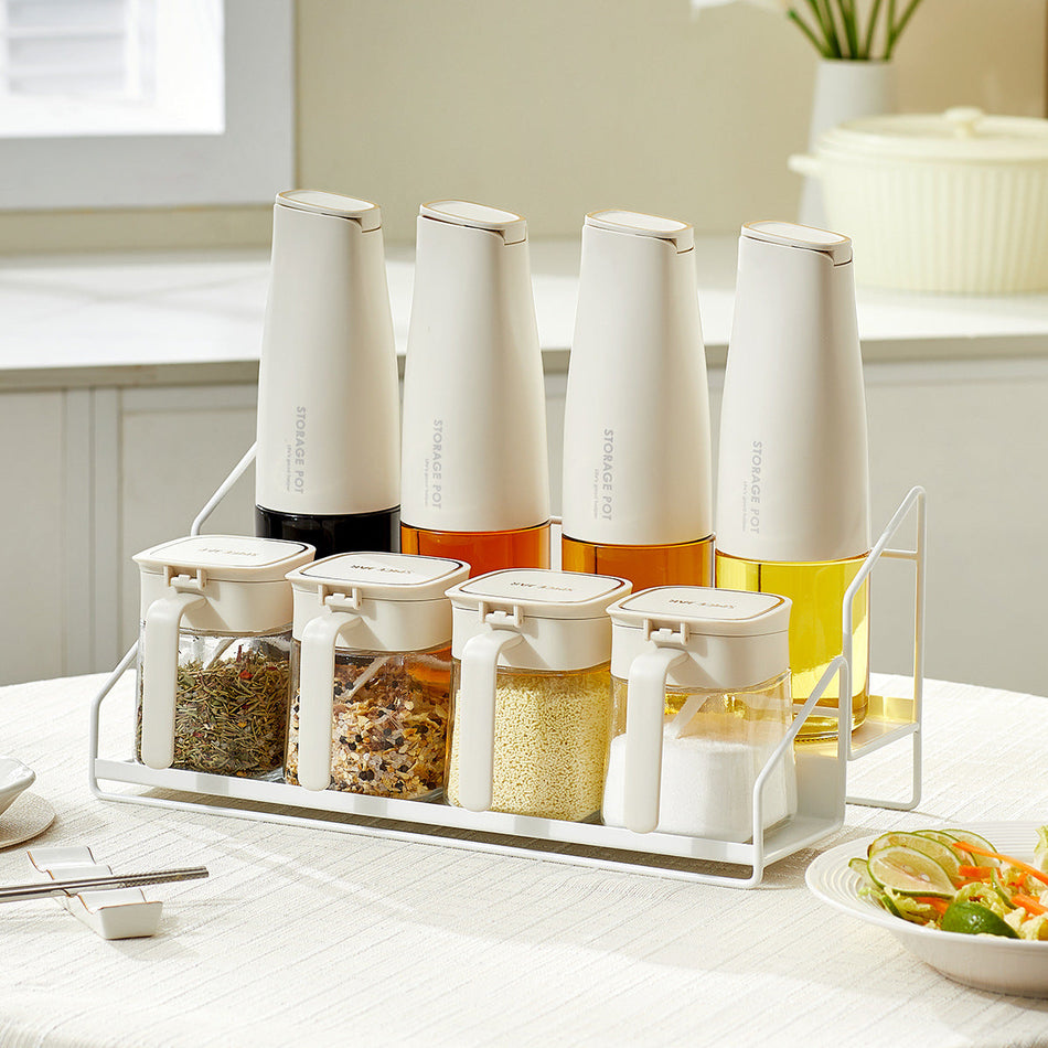 Glass Spice Jar Rack Set – Metal Kitchen Shelf with Oil Dispenser