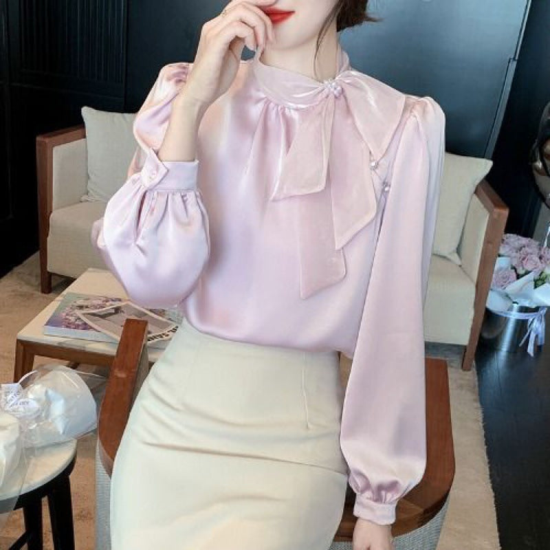French Bow Ribbon Chiffon Shirt – Feminine Glossy Fairy Top