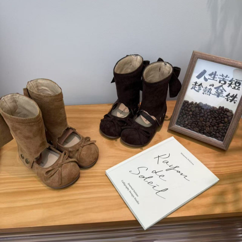 2025 Kids’ Retro Cut-Out Bow Boots – Korean Style