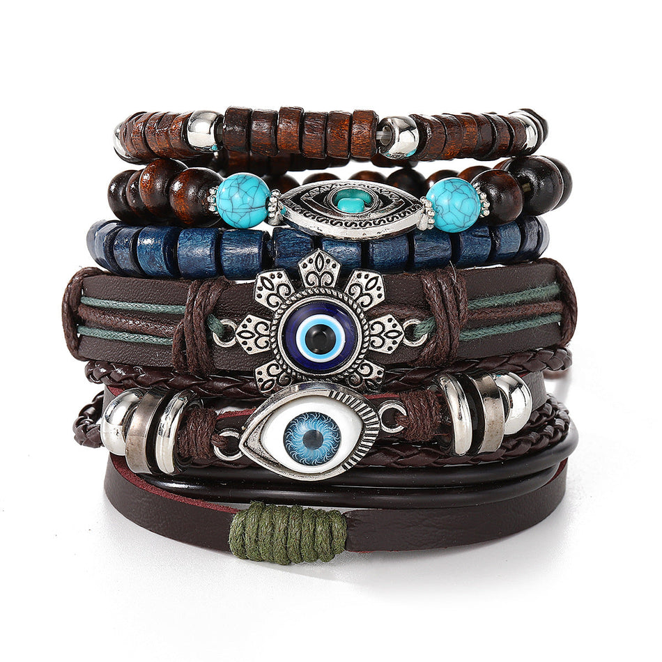 Devil's Eye Turquoise Leather Men's Bracelet Set