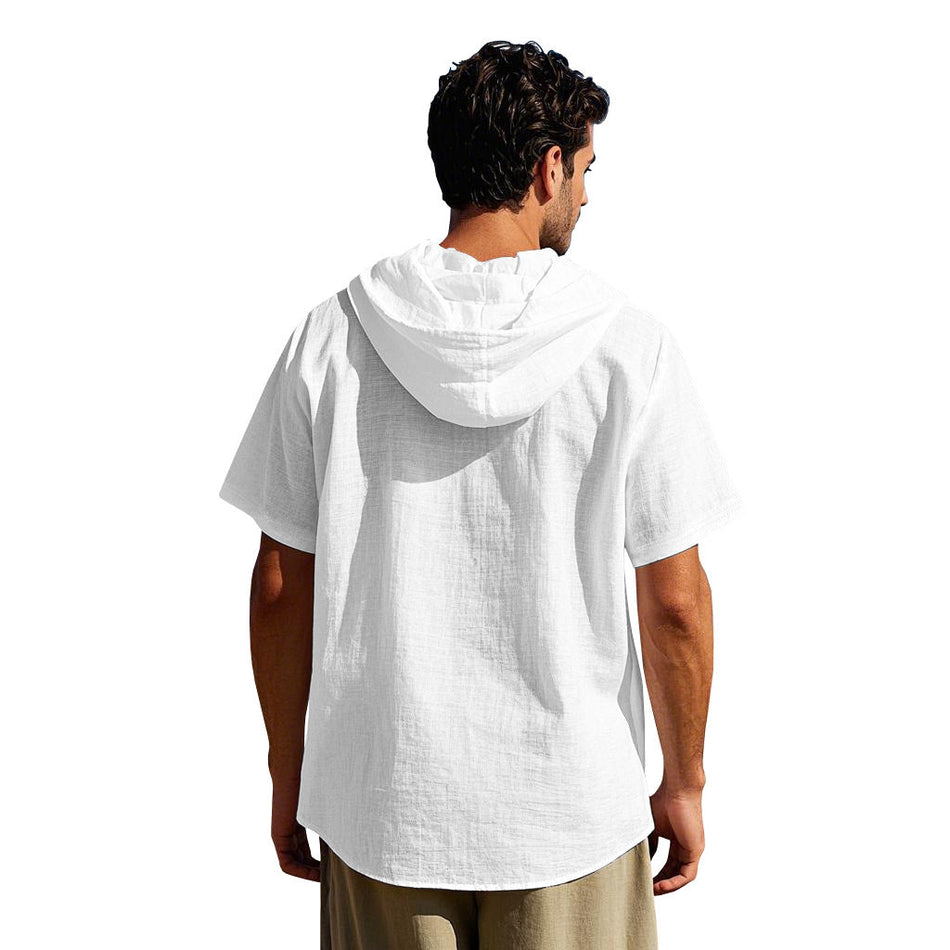 Men’s Summer Linen Hooded Shirt – Loose Short-Sleeve Breathable