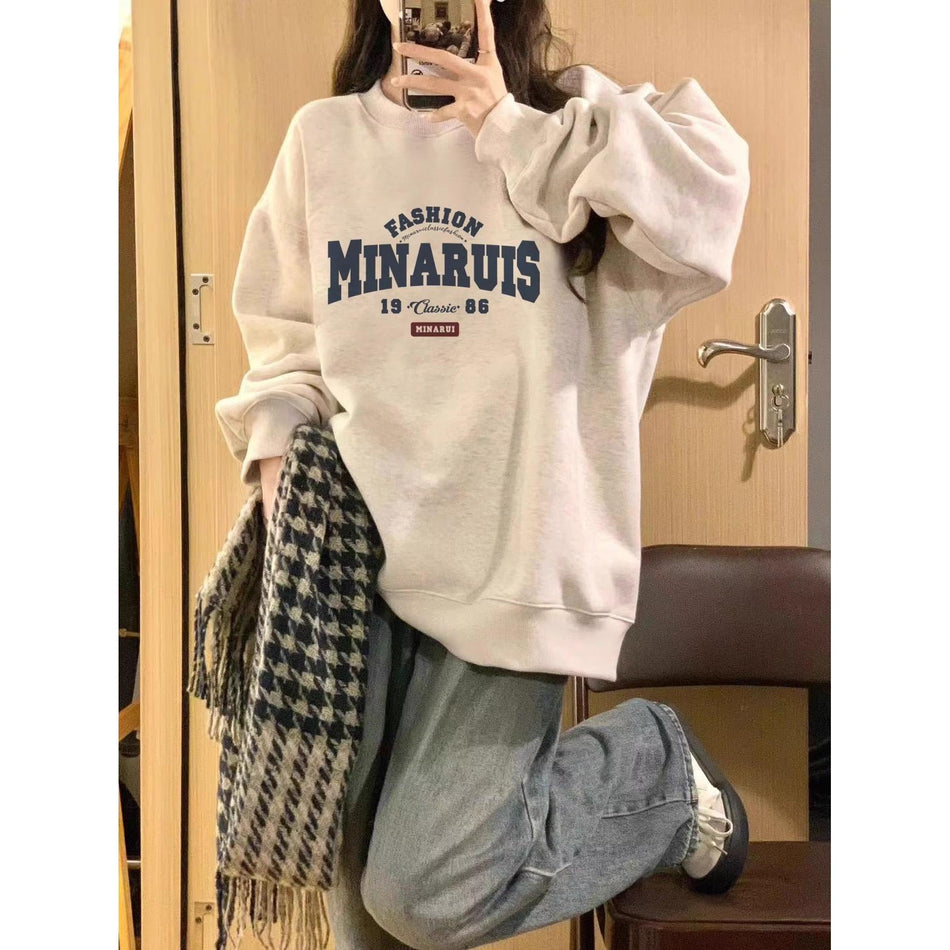 Lazy Style Round Neck Fleece-lined Loose Printed Grey Top Up