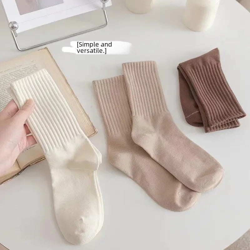 (Pack of 6)-Mid-Length Cotton Socks – Solid Color Korean Fashion