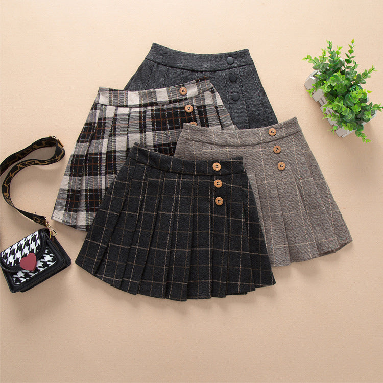 Girls Woolen JK Pleated Plaid Skirt Autumn Winter