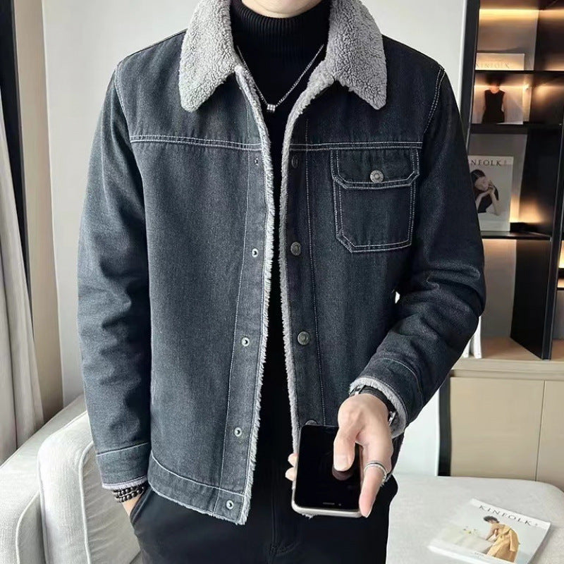 2025 Men’s Denim Jacket with Lambswool Lining – Winter Thickened