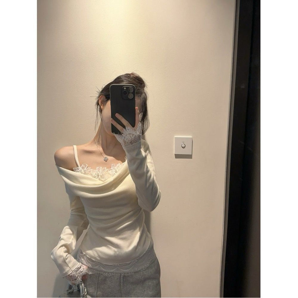 Cotton Fake Two-Piece One-Shoulder Lace Top
