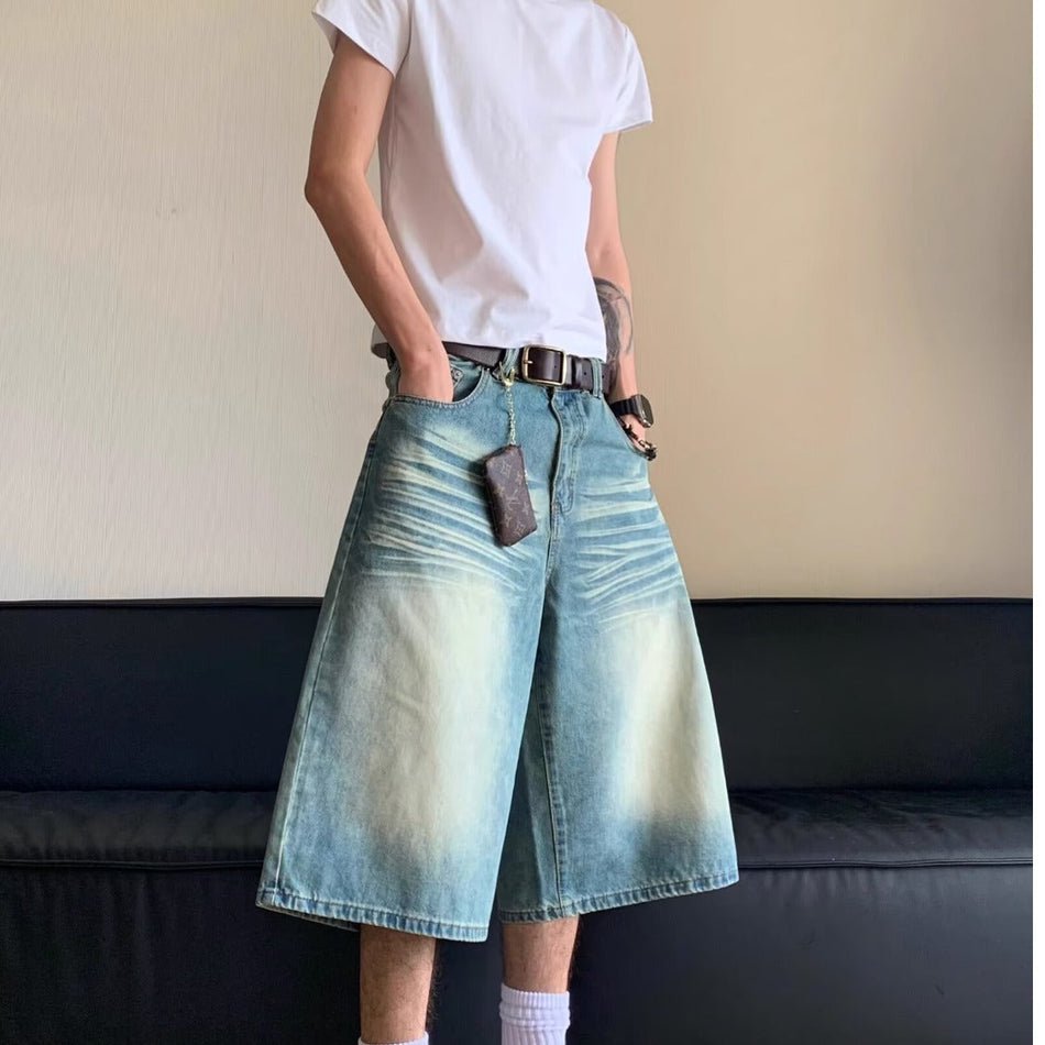 Men's Retro Washed Denim Capri Shorts – Loose Fit