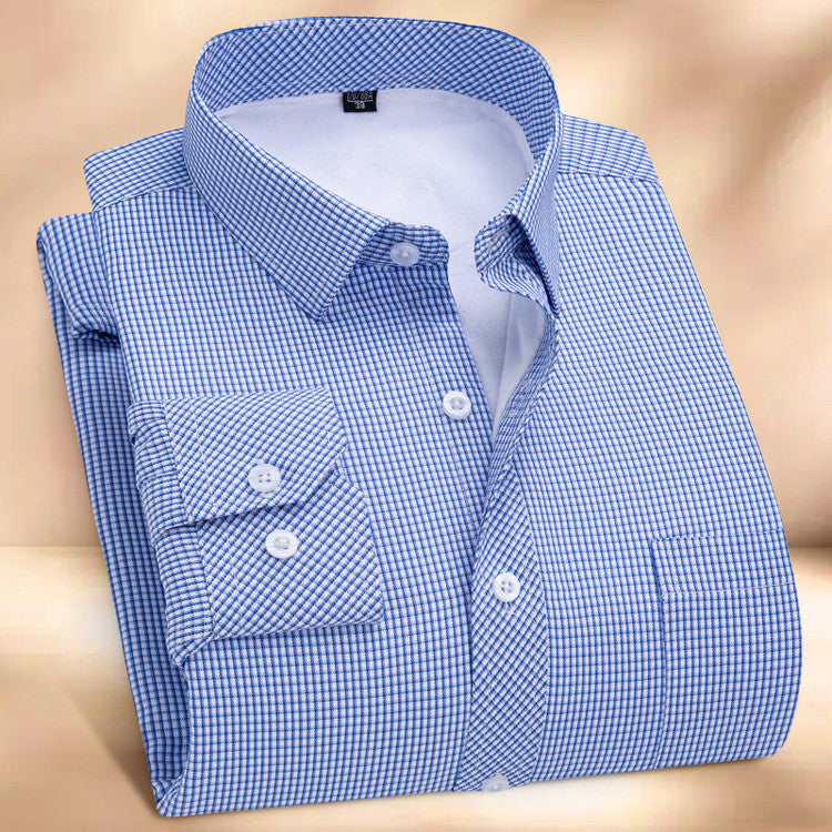 Men's Fleece-Lined Thick Striped Cotton Business Shirt