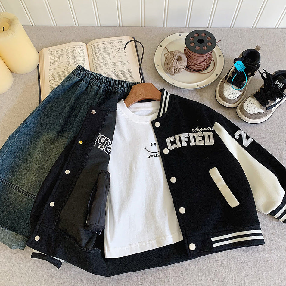STOCK-Boys Color Block Baseball Jacket Kids Korean Autumn Coat