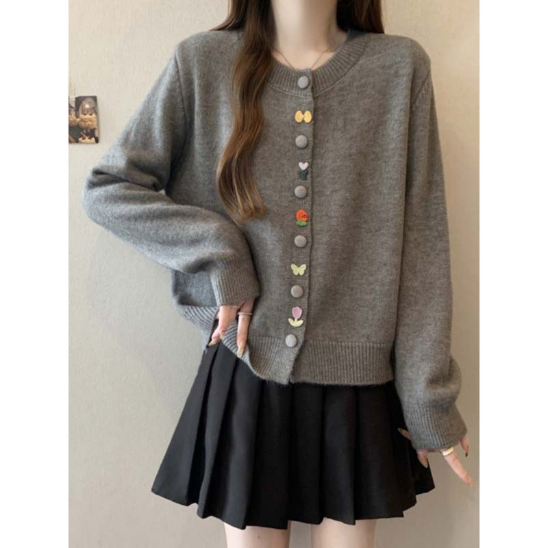 KANING Round Neck Button Knit Cardigan