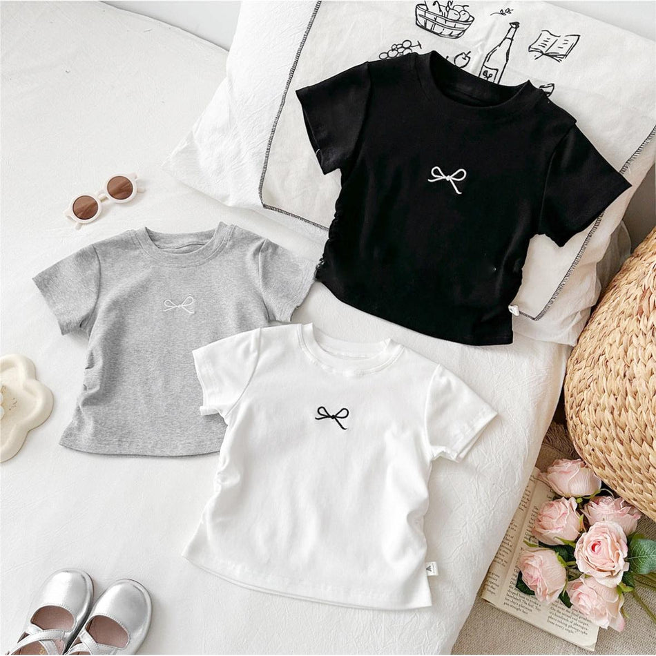 Girls Cotton Slim-Fit T-Shirt Embroidered Bow Top