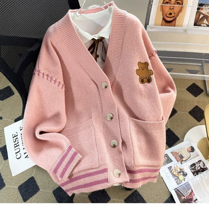 Women’s Bear Knit Cardigan with Color Blocking