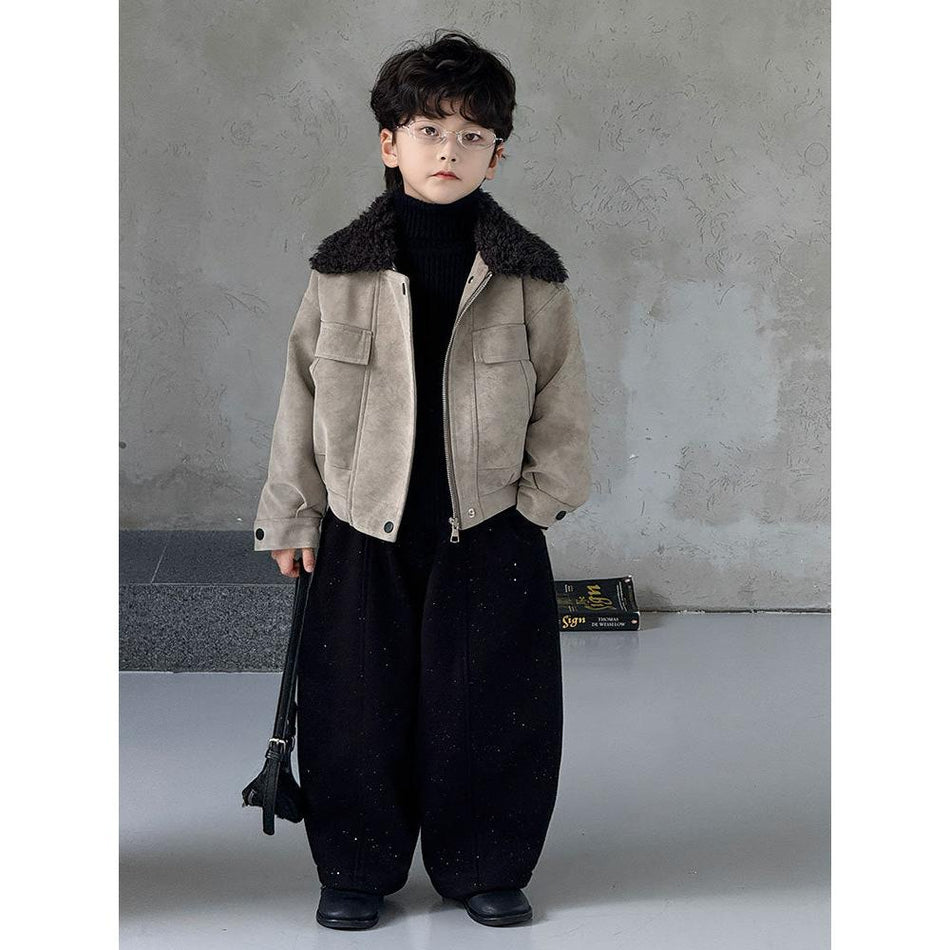 Boys’ Baby Fur Collar Leather Jacket 2025 Autumn Winter Warm Coat