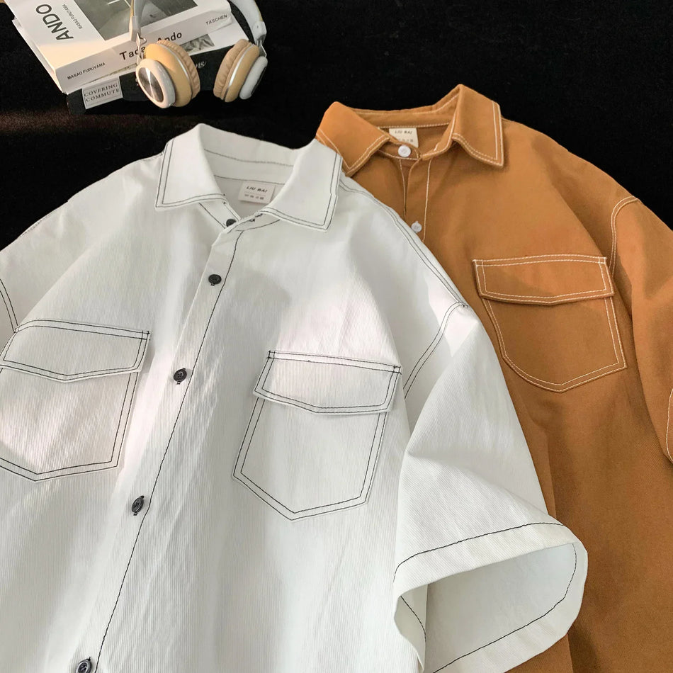 Men’s Japanese Style Retro Short Sleeve Shirt – Trendy Summer