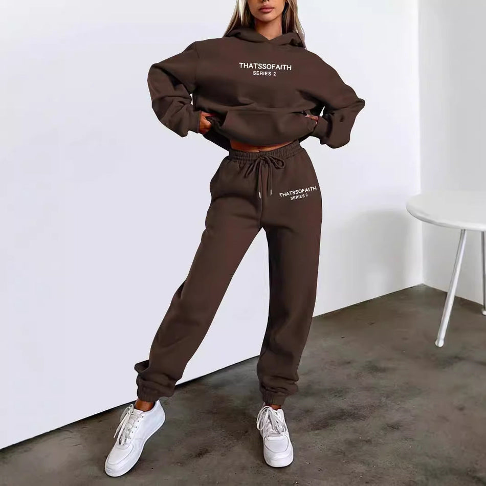 Women Letter Print Hooded Sweatshirt Fleece Suit Set Casual