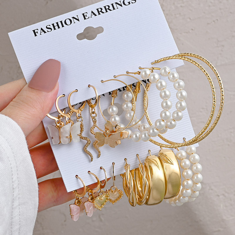 Retro Gold Earrings Set | Geometric Pearl & Diamond Style