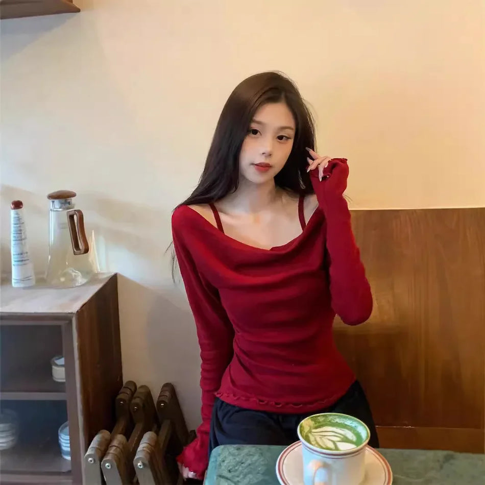 Elegant Swing Collar Long-Sleeved T-Shirt – Slim Fit Red