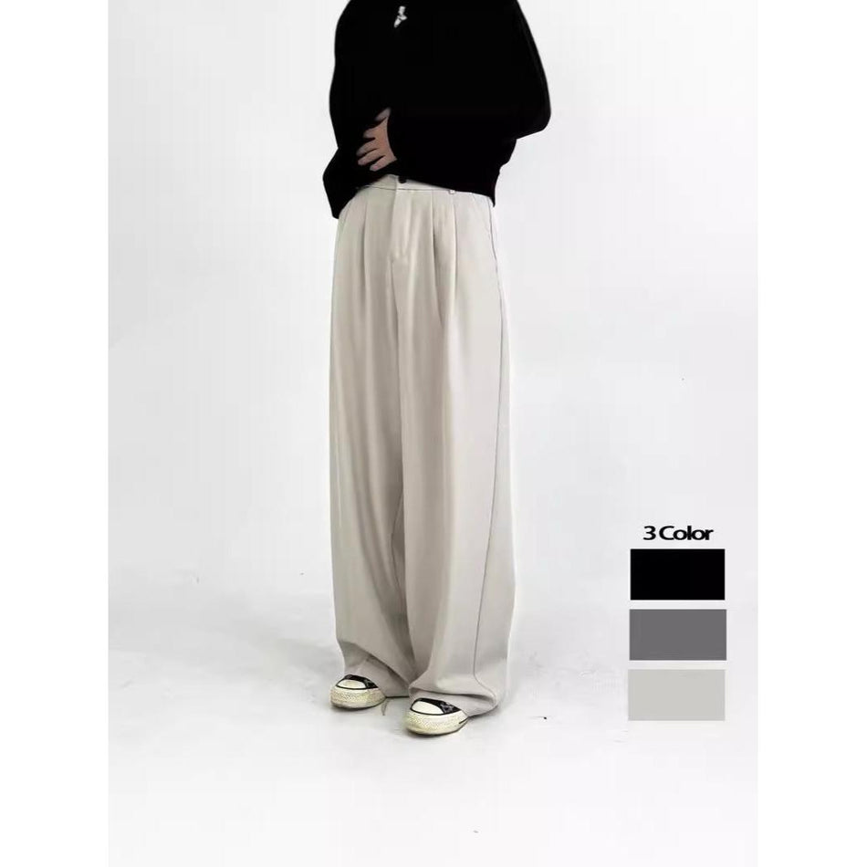 Men’s Solid Black Drapey Straight Wide-Leg Casual Pants