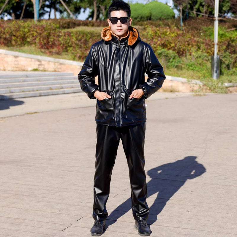 Men’s Leather Motorcycle Work Coat Thick Fleece Winter Suit