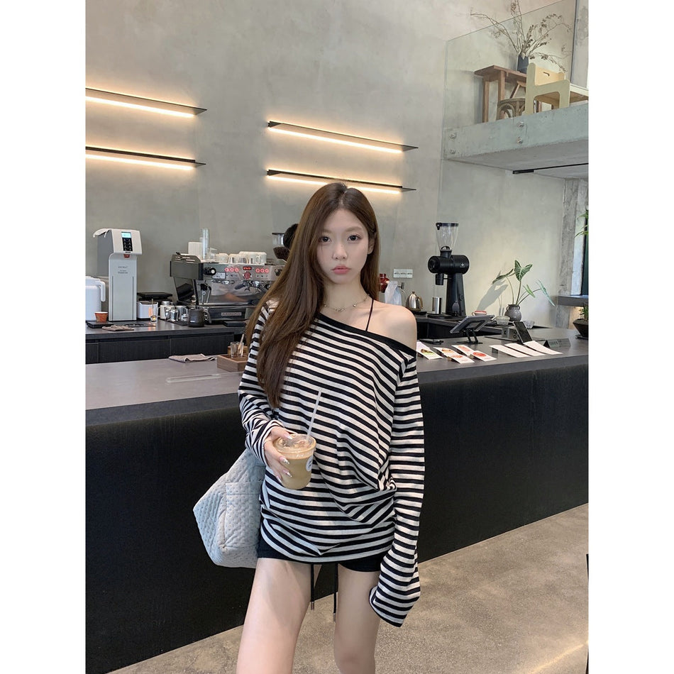 STOCK-Striped Off-Shoulder Long Sleeve Top