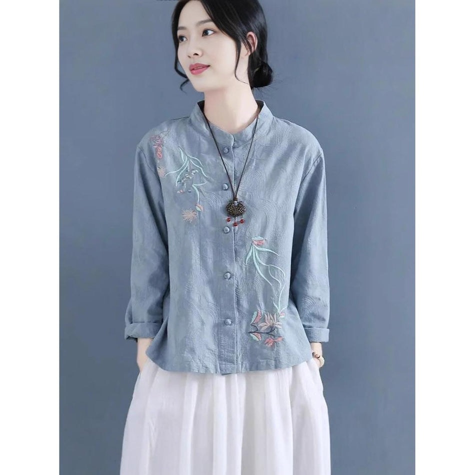 Chinese Style Embroidered Cotton Linen Vintage Shirt
