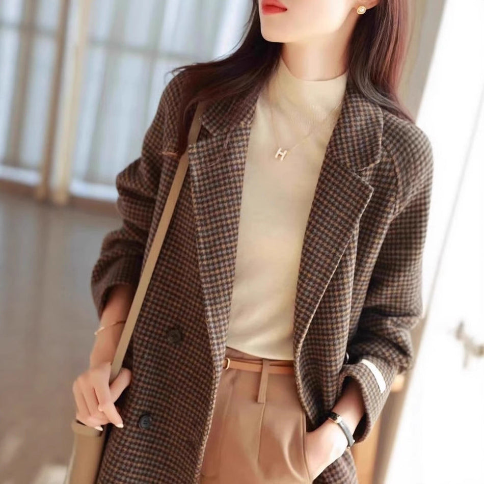 STOCK-Women’s Handmade Plaid Woolen Coat