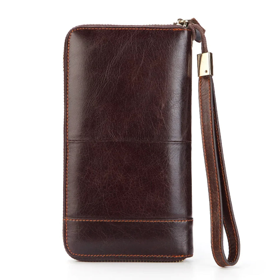 Men’s Long Cowhide Leather Wallet | Business Mobile Clutch