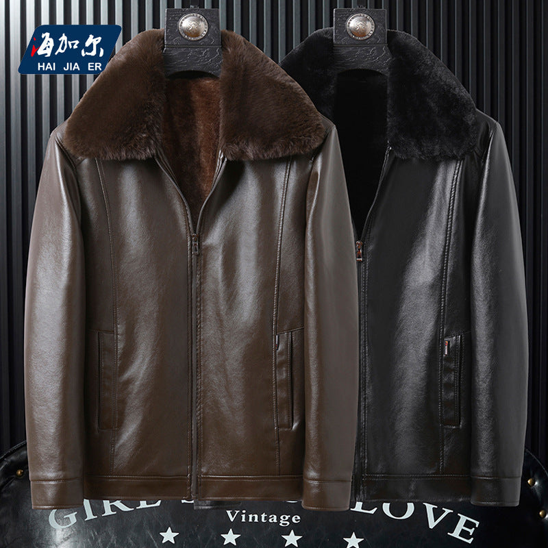 STOCK-Men’s Winter Thickened Leather Jacket with Fur Collar