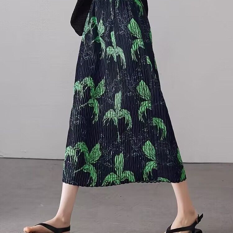 High-Waist Slimming Printed Pleated Skirt for Women