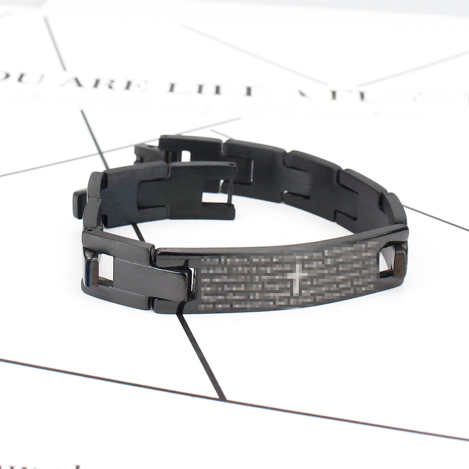 Stainless Steel Cross Bracelet – Black Curved Card Design