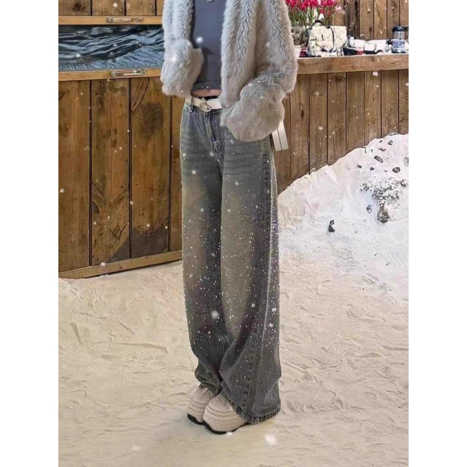 Light Blue Fleece-Lined Wide-Leg Jeans