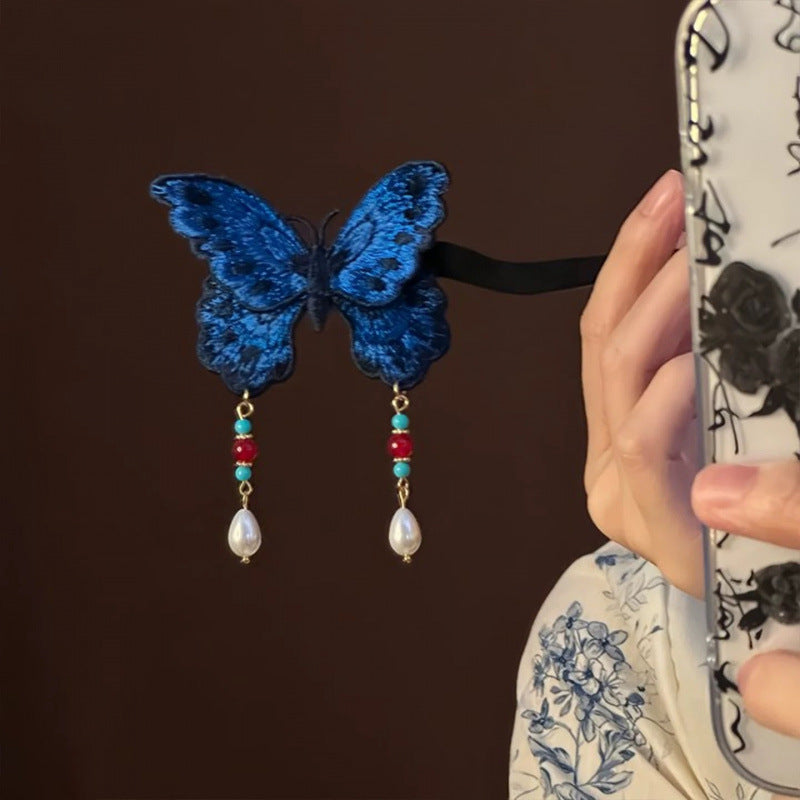 Embroidered Sandalwood Butterfly Tassel Hairpin