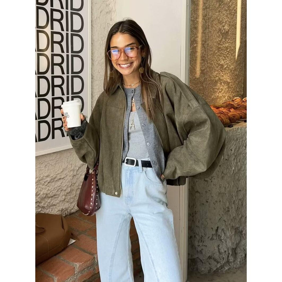 Suede Texture Lapel Bomber Jacket for Women
