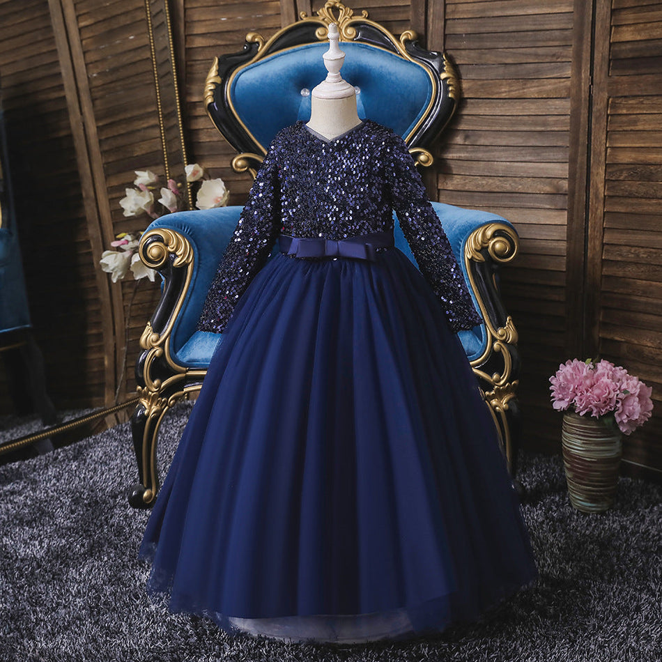 Girls Long Sleeve Sequined Banquet Evening Dress