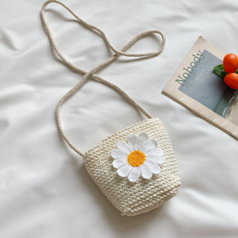 INSTOCK-Children's straw woven bag with flowers, vacation bag