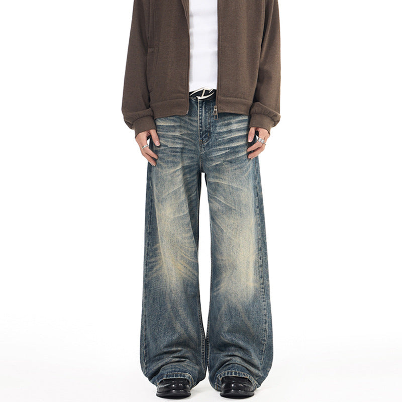 Lktm Men's Retro Washed Whiskered Loose Fit Jeans Pants