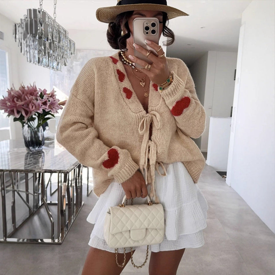 Heart-Pattern Lace-Up Knitted Cardigan