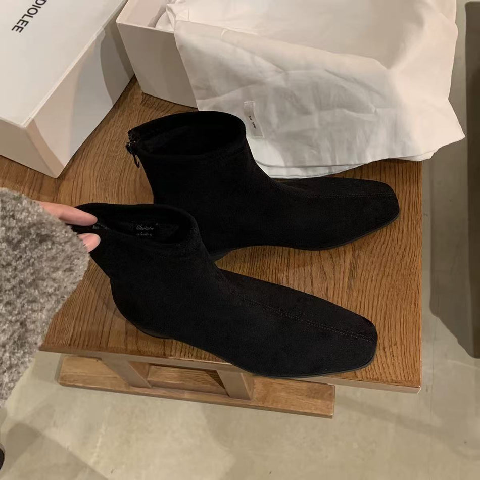 French Retro Brown Suede Ankle Boots