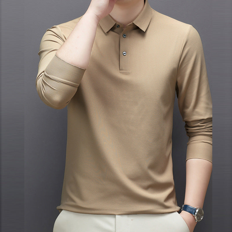 Romon Solid Color Lapel Long Men's T-Shirt