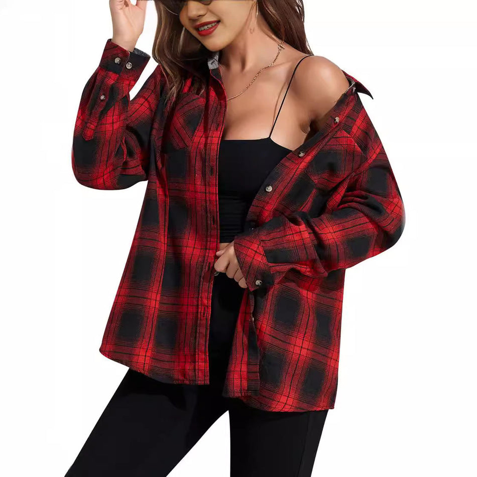 Autumn Winter New Flannel Long Plaid Casual Top Shirt