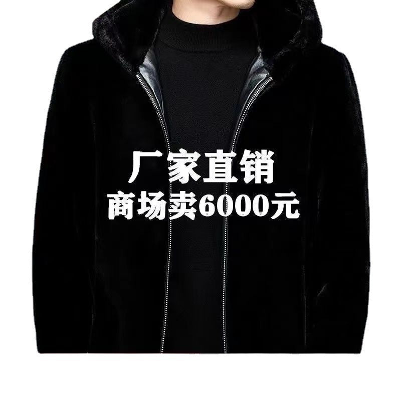 Men’s Hooded Mink Fur Coat Winter Warm Black Jacket
