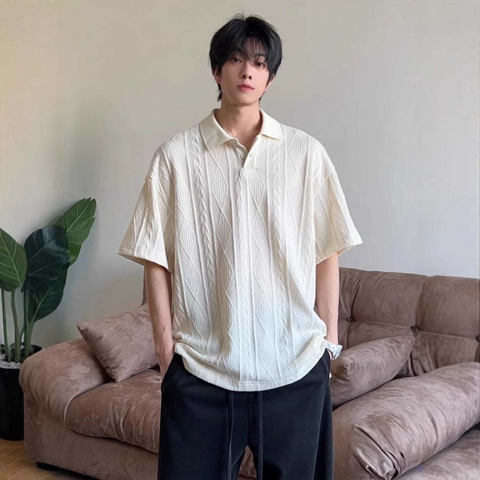 Men’s Wheat-Spike Jacquard Polo Shirt Summer Loose Fit