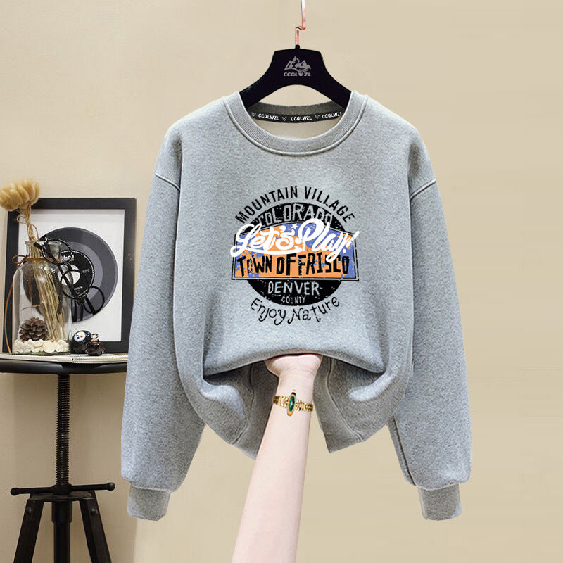 Cotton Fleece-Lined Casual Round Neck Letter Sweater Jacket