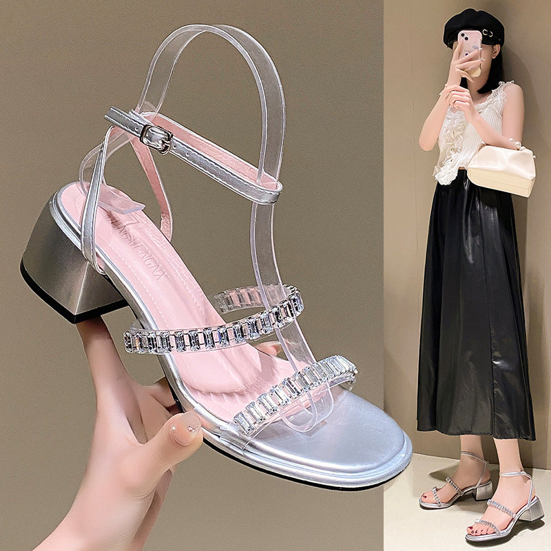 Silver Rhinestone One-Strap French High Heel Sandals