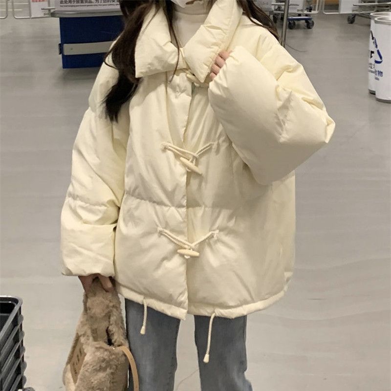 College Style Horn Button Cotton Jacket for Women