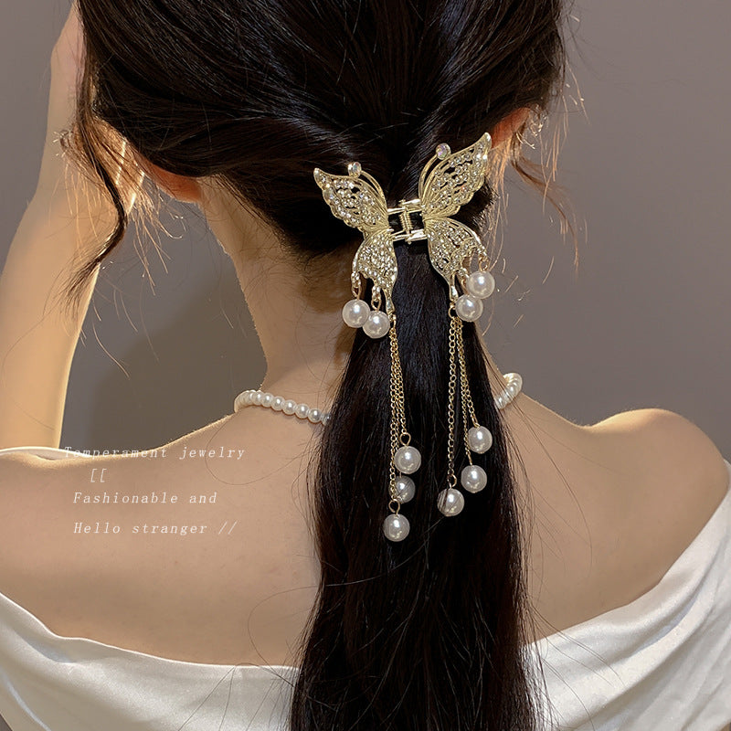 Korean Alloy Butterfly Pearl Tassel Hairpin for Women