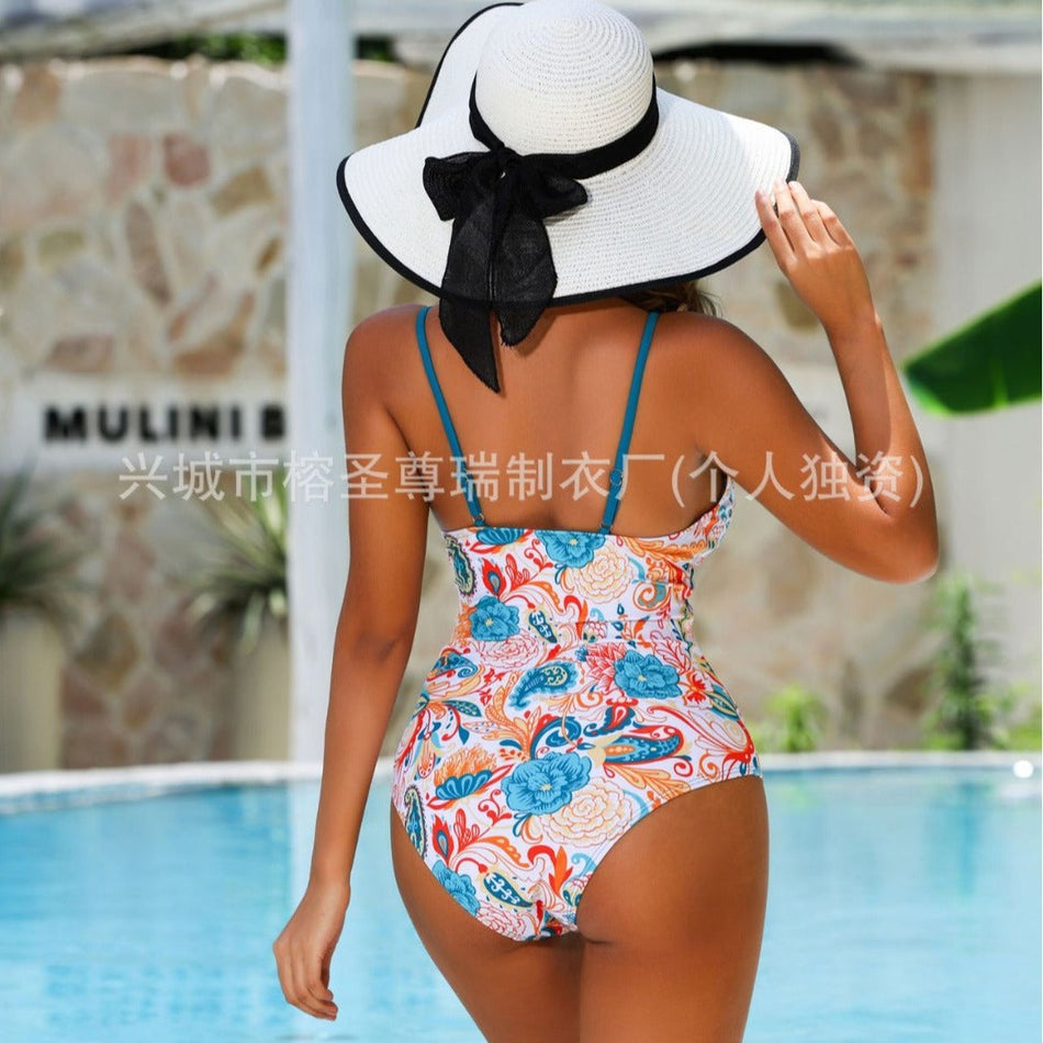 Women's Deep V One-Piece Swimsuit – Lace Collar & Low Back